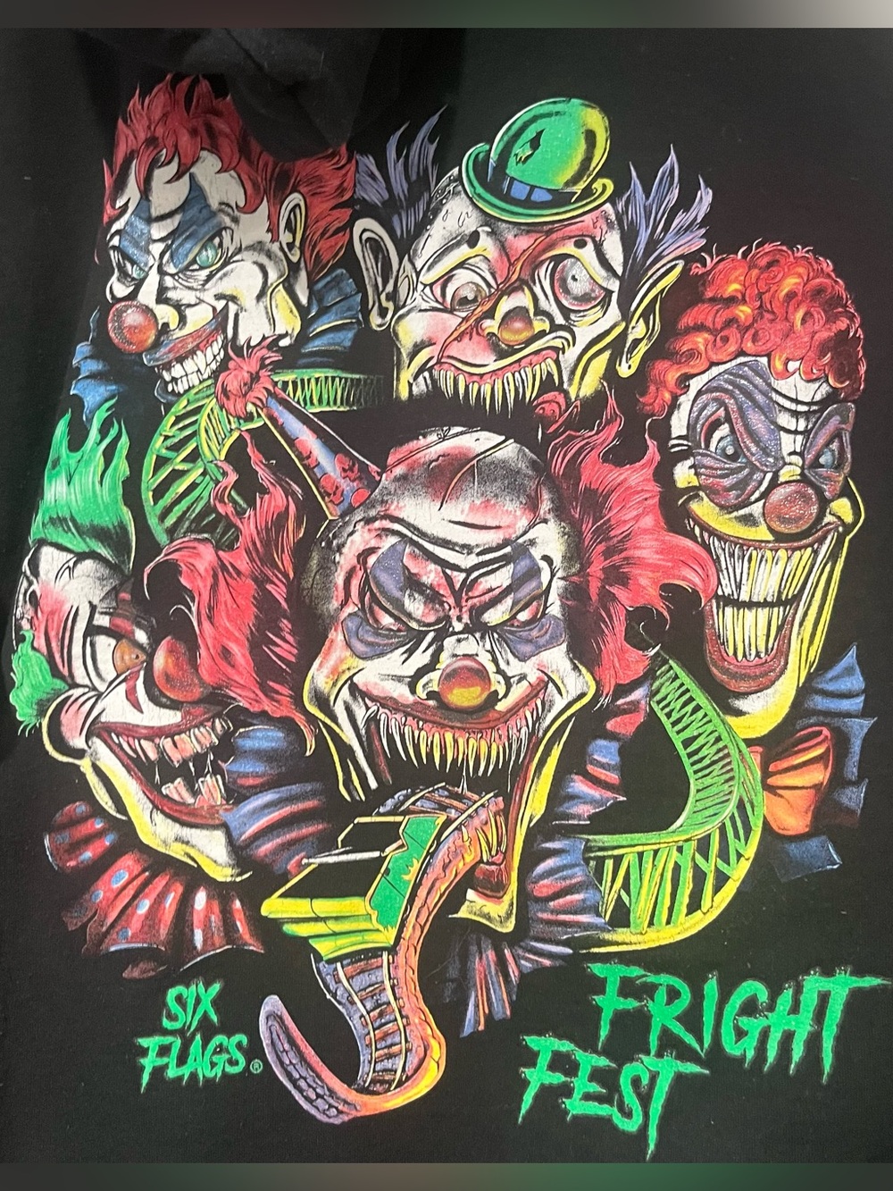 Six Flags Fright Fest Hoodie Mens 2XL Black Graphic Clown Halloween Pullover